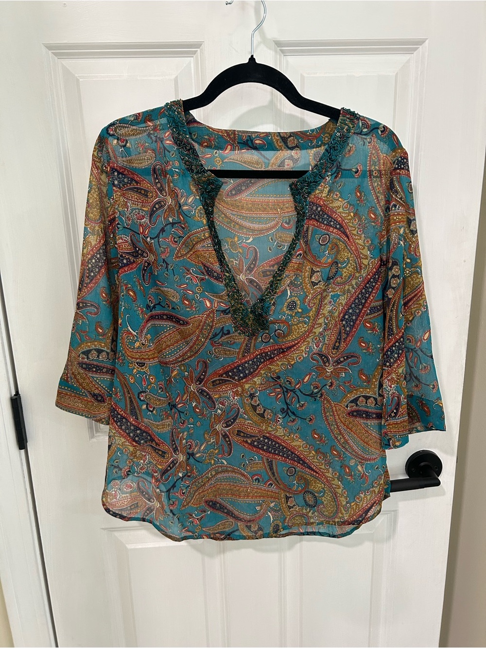 Women’s Teal Paisley V-Neck Blouse